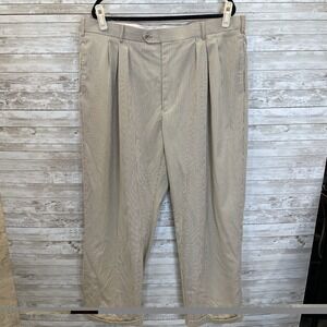 Milano Roma Lineage Mens 42x32 Pants Tan Pinstriped Trousers Pleated Cuffed‎